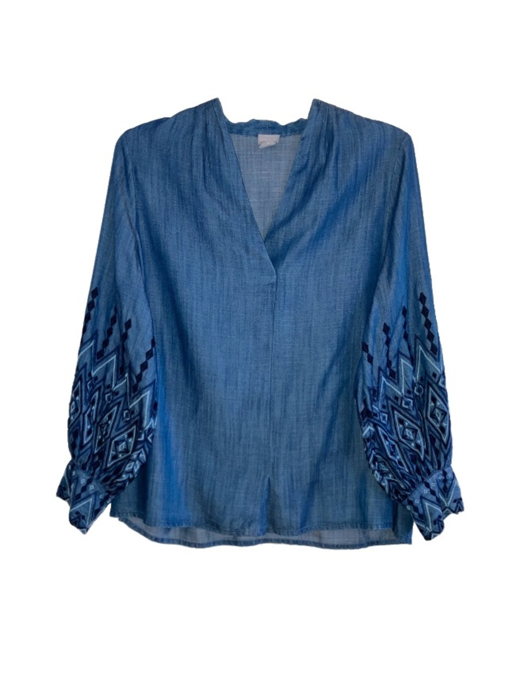 Chico’s Tunic L/12/2 Blouse Chambray Embroidered Puff Sleeves V-Neck Artsy Boho. - Picture 12 of 12